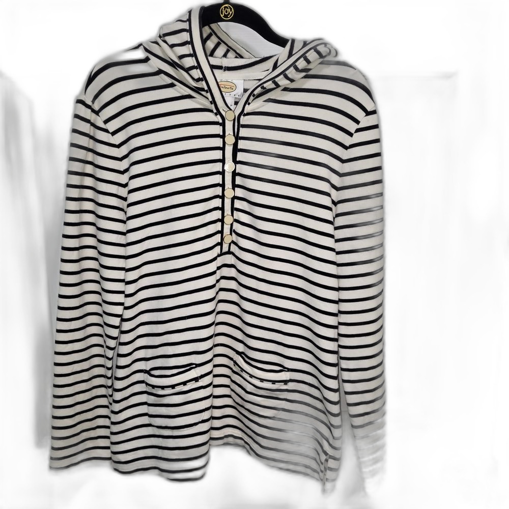 Talbots Black and White Striped Tunic Hoodie